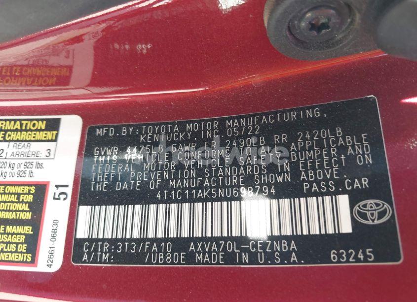 Photo 9 of 2022 Toyota Camry LE (VIN 4T1C11AK5NU698794)