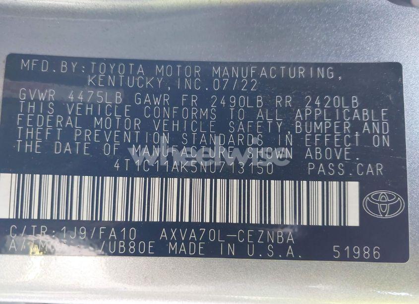 Photo 9 of 2022 Toyota Camry LE (VIN 4T1C11AK5NU713150)