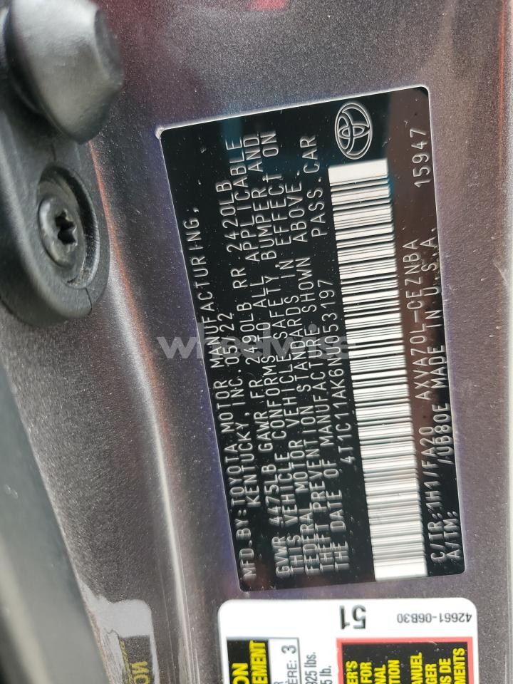 Photo 12 of 2022 TOYOTA CAMRY LE (VIN 4T1C11AK6NU053197)