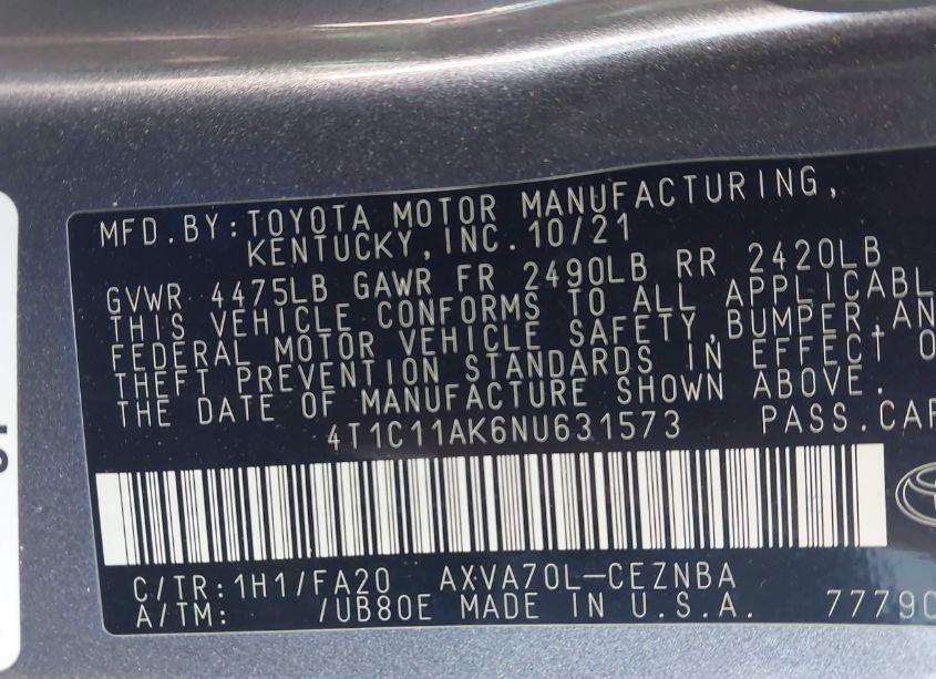 Photo 9 of 2022 Toyota Camry LE (VIN 4T1C11AK6NU631573)