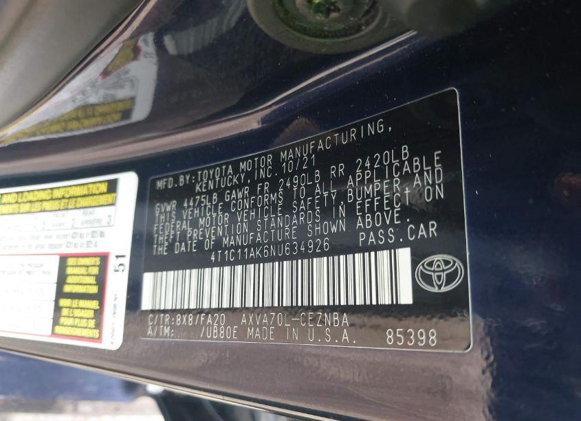 Photo 9 of 2022 Toyota Camry LE (VIN 4T1C11AK6NU634926)