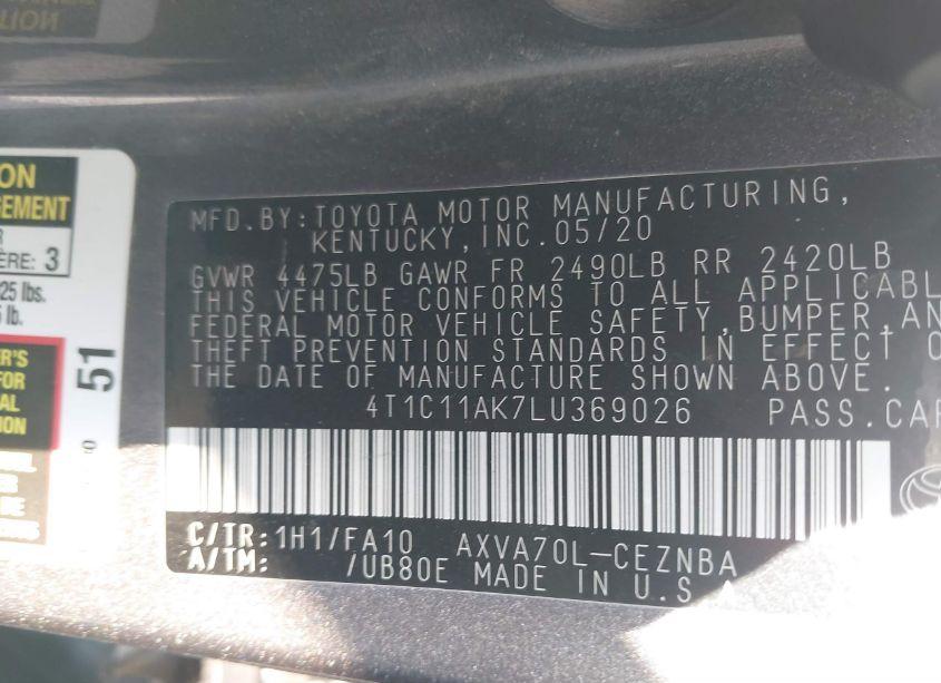 Photo 9 of 2020 Toyota Camry LE (VIN 4T1C11AK7LU369026)