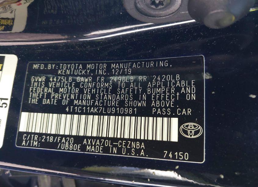 Photo 9 of 2020 Toyota Camry LE (VIN 4T1C11AK7LU910981)