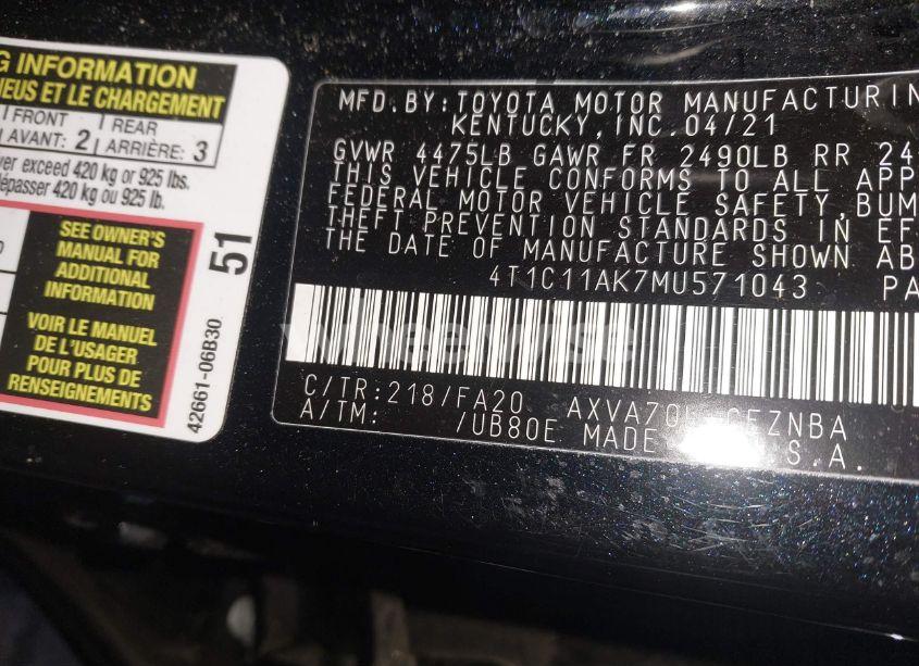 Photo 9 of 2021 Toyota Camry LE (VIN 4T1C11AK7MU571043)