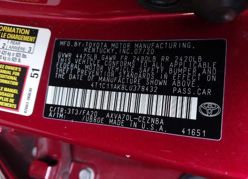 Photo 9 of 2020 Toyota Camry LE (VIN 4T1C11AK8LU378432)