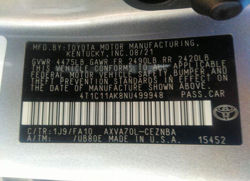 Photo 9 of 2022 Toyota Camry LE (VIN 4T1C11AK8NU499948)