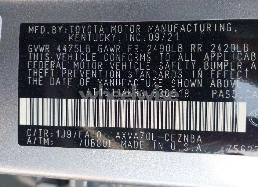 Photo 9 of 2022 Toyota Camry LE (VIN 4T1C11AK8NU630618)