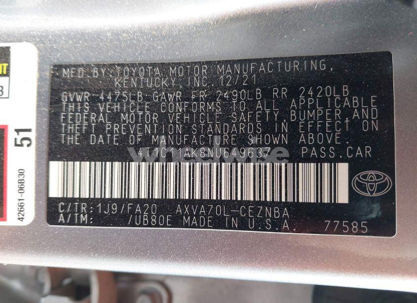 Photo 9 of 2022 Toyota Camry LE (VIN 4T1C11AK8NU649637)