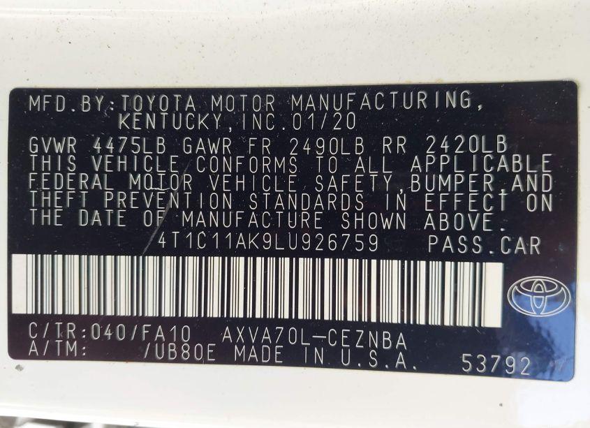 Photo 9 of 2020 Toyota Camry LE (VIN 4T1C11AK9LU926759)