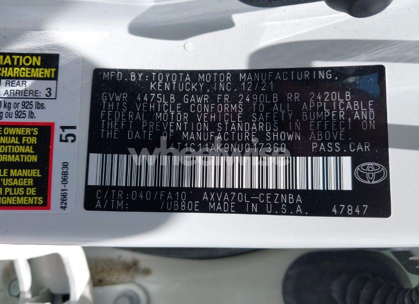 Photo 9 of 2022 Toyota Camry LE (VIN 4T1C11AK9NU017360)