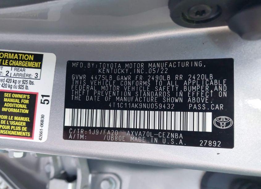 Photo 9 of 2022 Toyota Camry LE (VIN 4T1C11AK9NU059432)