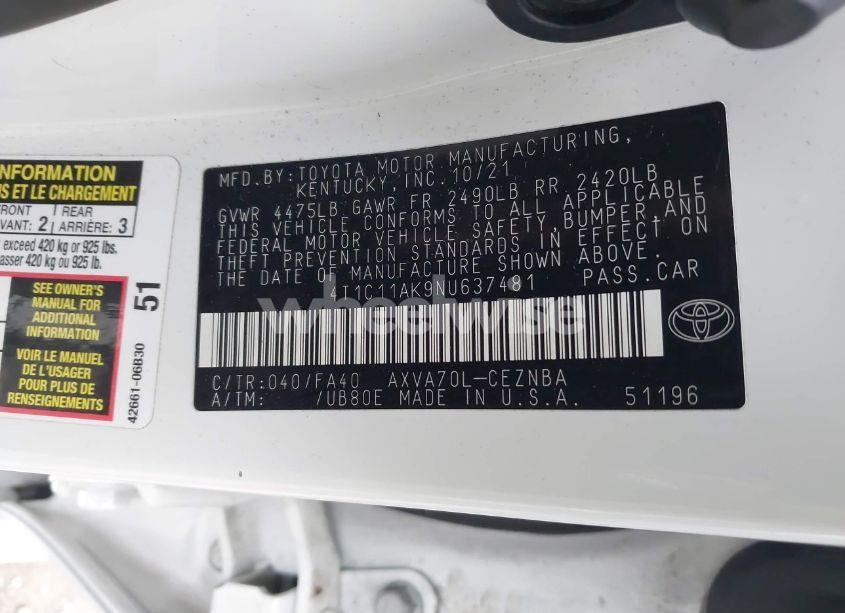 Photo 9 of 2022 Toyota Camry LE (VIN 4T1C11AK9NU637481)