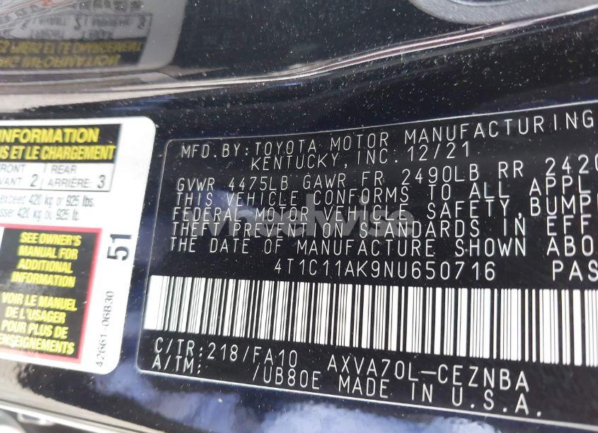 Photo 9 of 2022 Toyota Camry LE (VIN 4T1C11AK9NU650716)