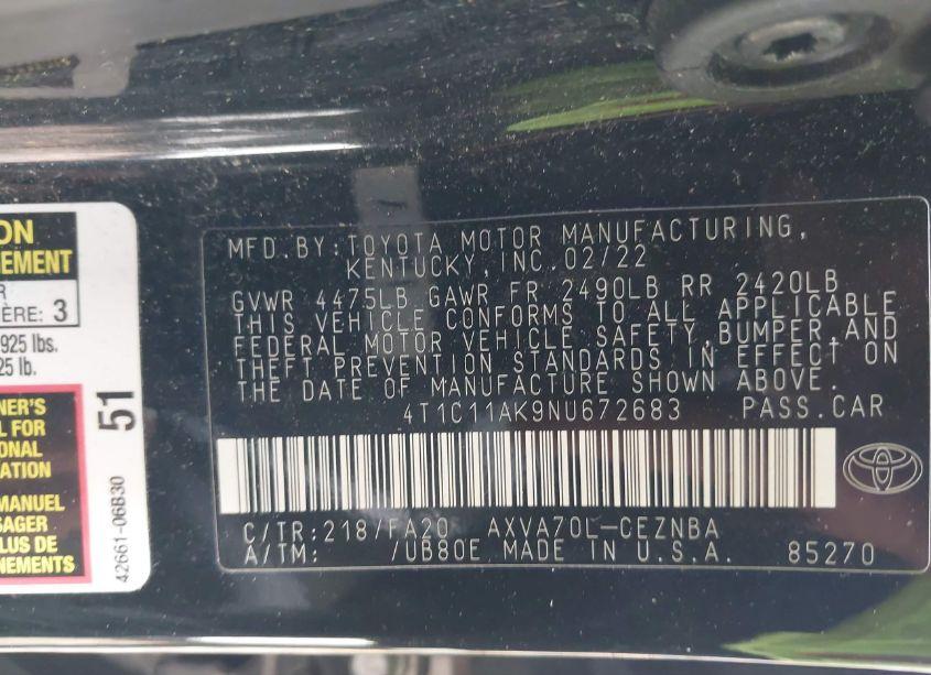 Photo 9 of 2022 Toyota Camry LE (VIN 4T1C11AK9NU672683)