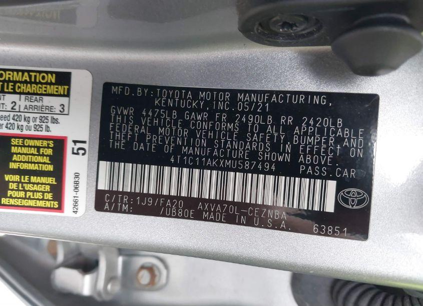 Photo 9 of 2021 Toyota Camry LE (VIN 4T1C11AKXMU587494)