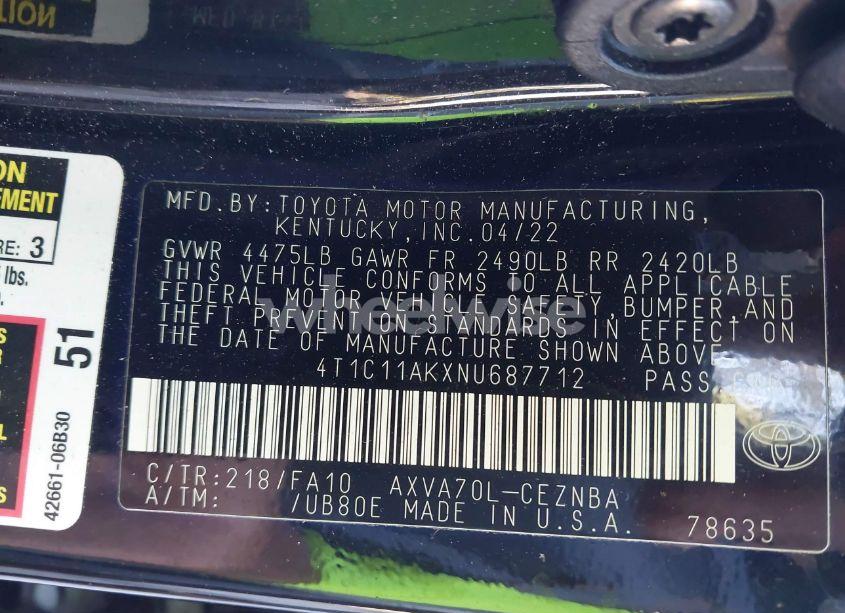 Photo 9 of 2022 Toyota Camry LE (VIN 4T1C11AKXNU687712)