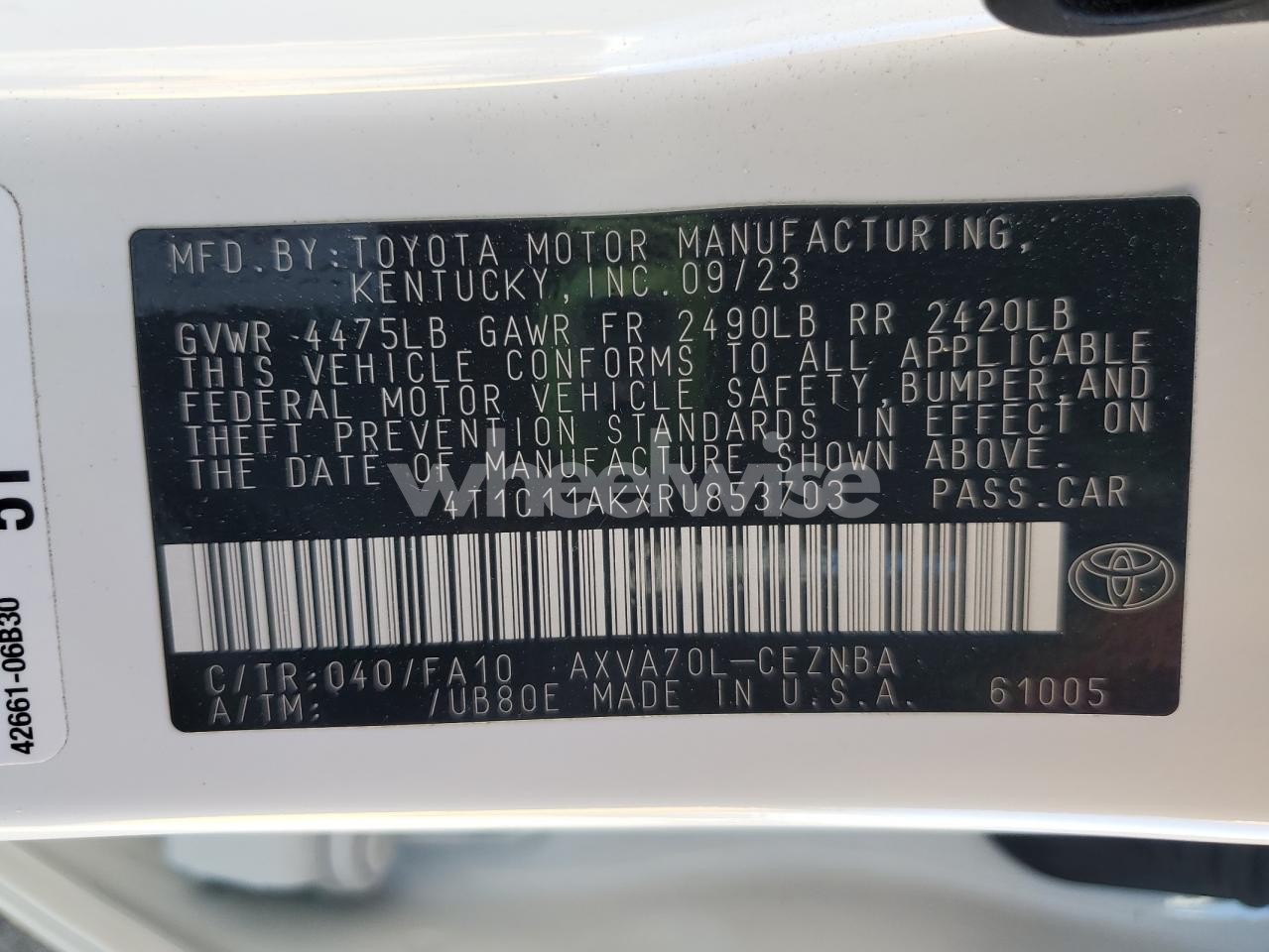 Photo 13 of 2024 TOYOTA CAMRY LE (VIN 4T1C11AKXRU853703)