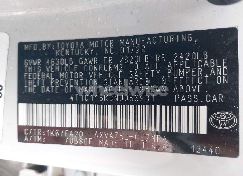 Photo 9 of 2022 Toyota Camry LE AWD (VIN 4T1C11BK3NU056931)