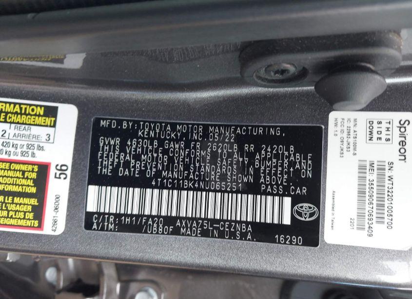 Photo 9 of 2022 Toyota Camry LE AWD (VIN 4T1C11BK4NU065251)