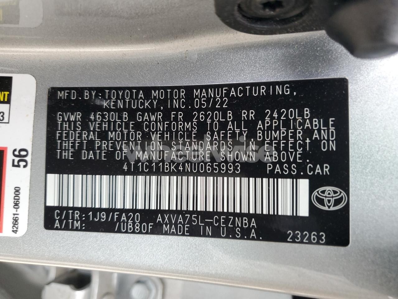 Photo 12 of 2022 TOYOTA CAMRY LE (VIN 4T1C11BK4NU065993)
