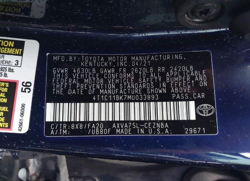 Photo 9 of 2021 Toyota Camry LE AWD (VIN 4T1C11BK7MU033893)