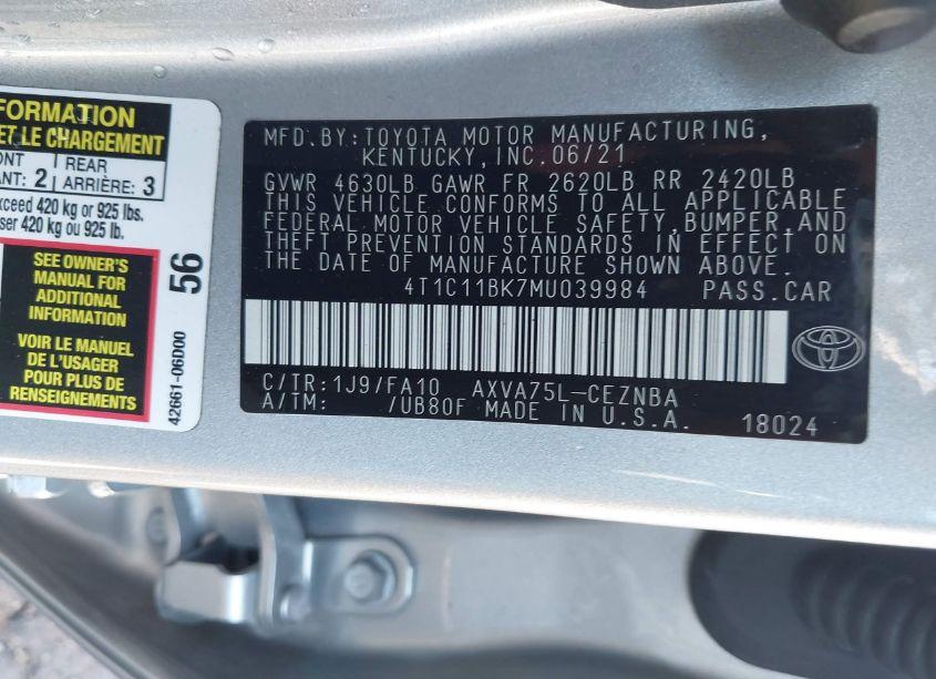 Photo 9 of 2021 Toyota Camry LE AWD (VIN 4T1C11BK7MU039984)