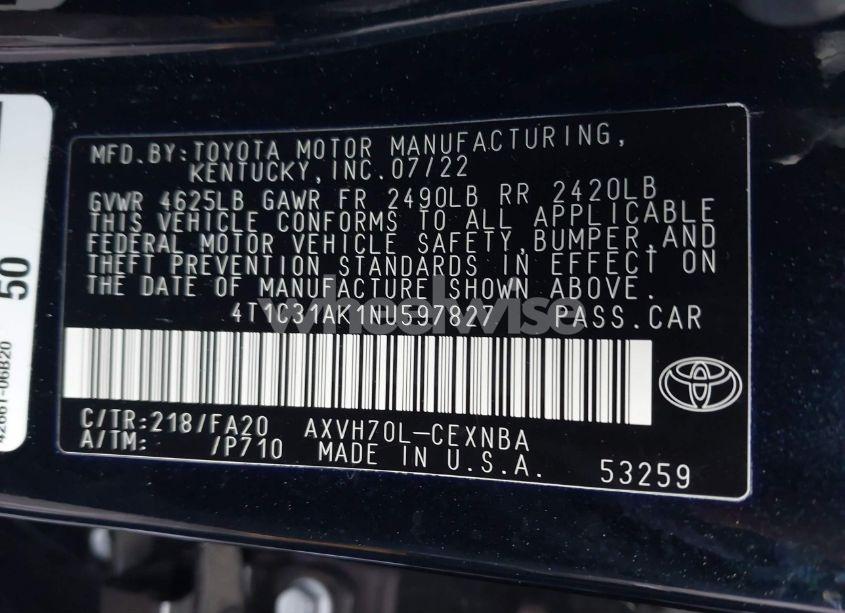 Photo 9 of 2022 Toyota Camry LE HYBRID (VIN 4T1C31AK1NU597827)