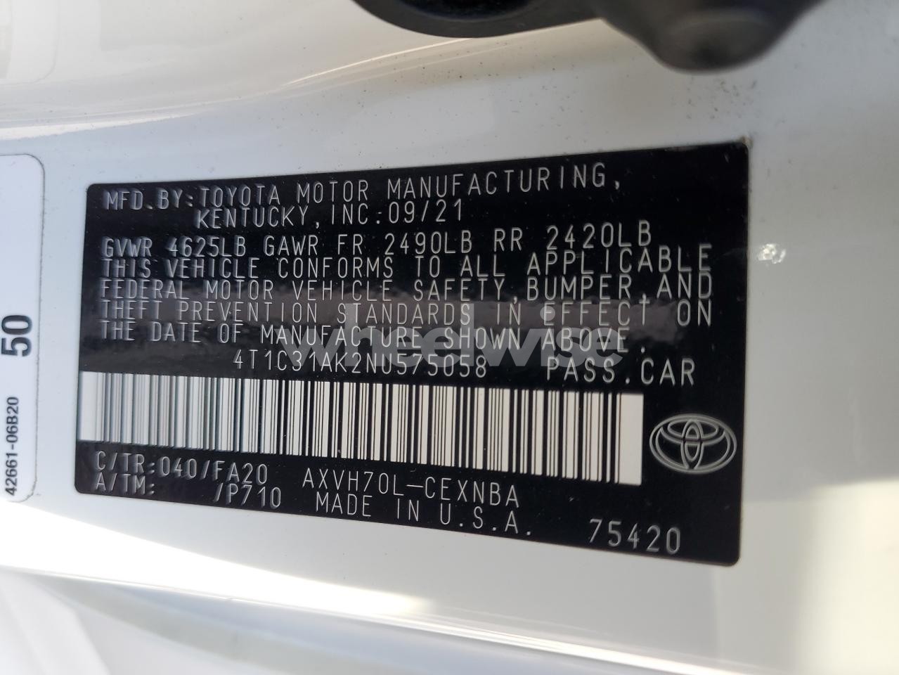 Photo 12 of 2022 TOYOTA CAMRY LE (VIN 4T1C31AK2NU575058)