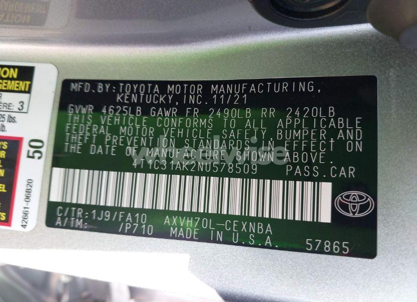 Photo 9 of 2022 Toyota Camry LE HYBRID (VIN 4T1C31AK2NU578509)