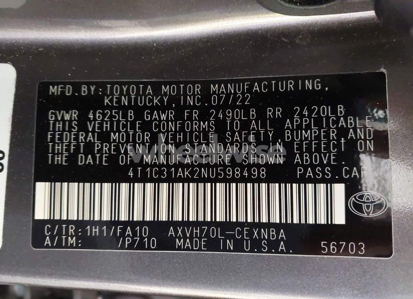 Photo 9 of 2022 Toyota Camry LE HYBRID (VIN 4T1C31AK2NU598498)