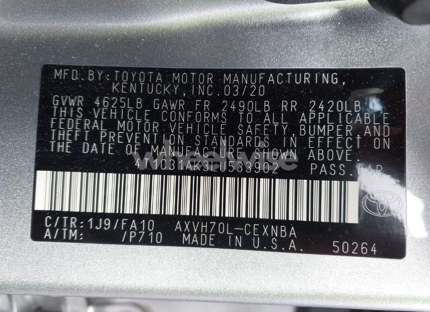 Photo 9 of 2020 Toyota Camry LE HYBRID (VIN 4T1C31AK3LU533902)