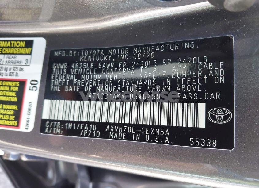 Photo 9 of 2020 Toyota Camry LE HYBRID (VIN 4T1C31AK4LU540759)