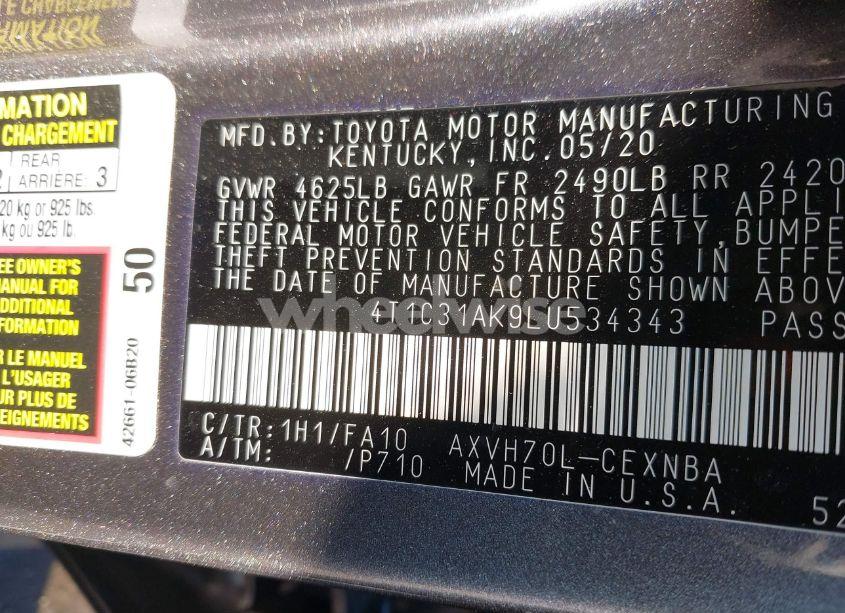 Photo 9 of 2020 Toyota Camry LE HYBRID (VIN 4T1C31AK9LU534343)