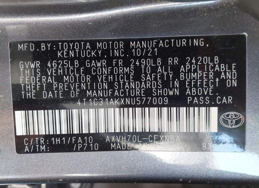 Photo 9 of 2022 Toyota Camry LE HYBRID (VIN 4T1C31AKXNU577009)