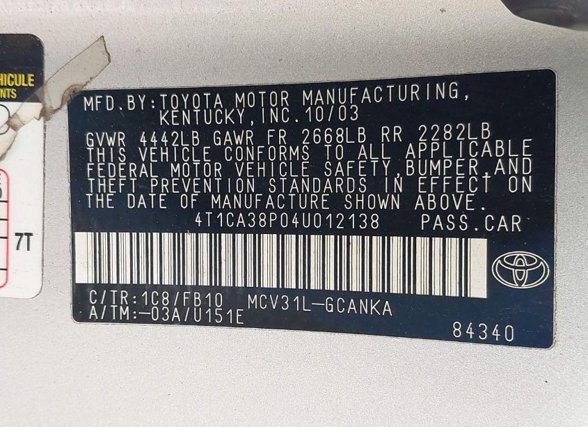 Photo 9 of 2004 Toyota Camry SOLARA SE V6 (VIN 4T1CA38P04U012138)