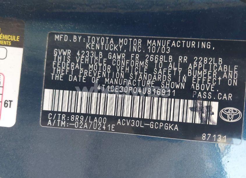 Photo 9 of 2004 Toyota Camry SOLARA SLE (VIN 4T1CE30P04U816911)