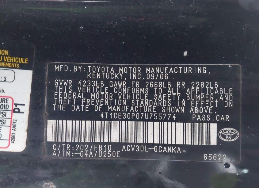 Photo 9 of 2007 Toyota Camry SOLARA SE (VIN 4T1CE30P07U755774)