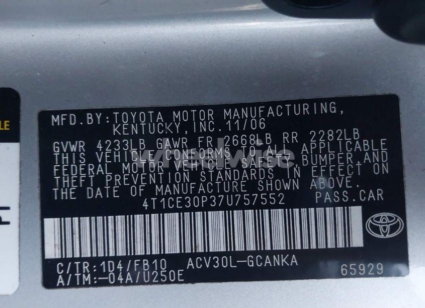 Photo 9 of 2007 Toyota Camry SOLARA SE (VIN 4T1CE30P37U757552)