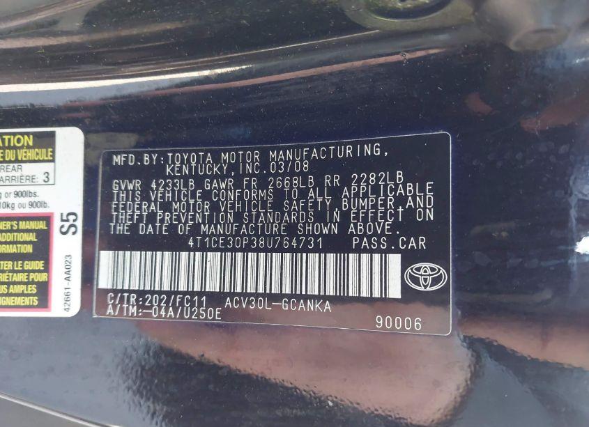 Photo 9 of 2008 Toyota Camry SOLARA SPORT (VIN 4T1CE30P38U764731)