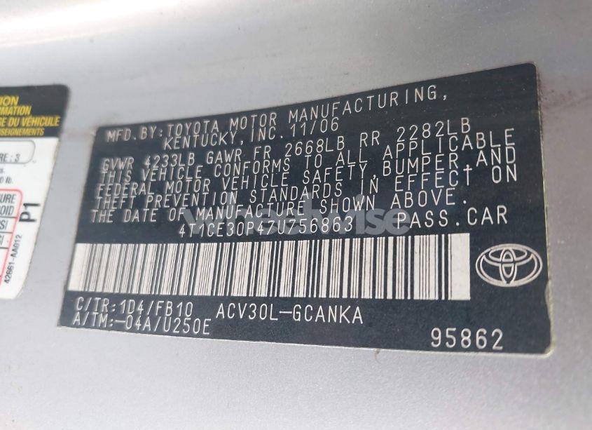 Photo 9 of 2007 Toyota Camry SOLARA SE (VIN 4T1CE30P47U756863)