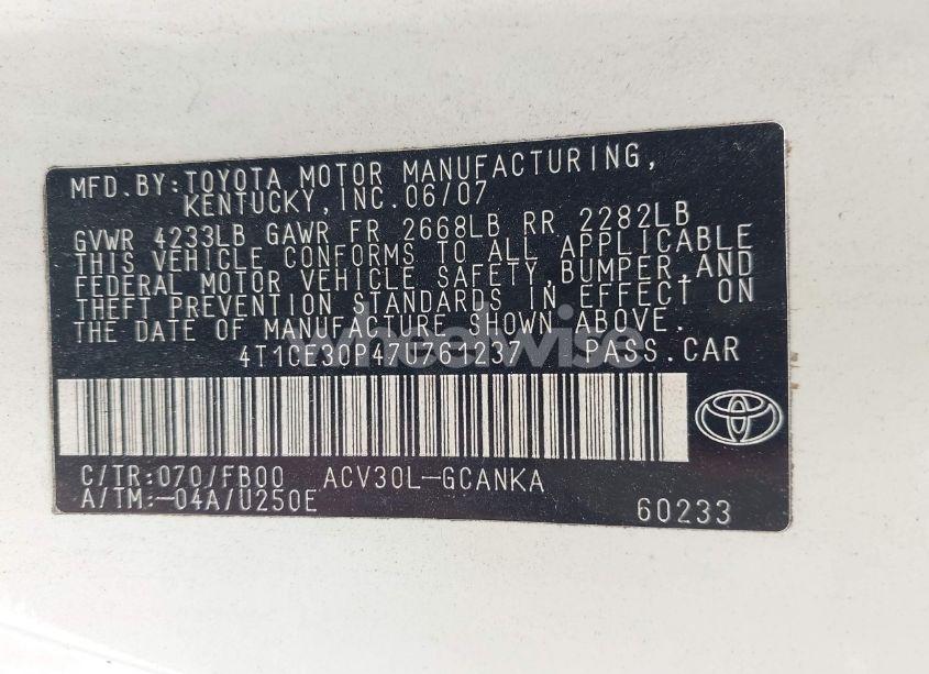 Photo 9 of 2007 Toyota Camry SOLARA SE (VIN 4T1CE30P47U761237)