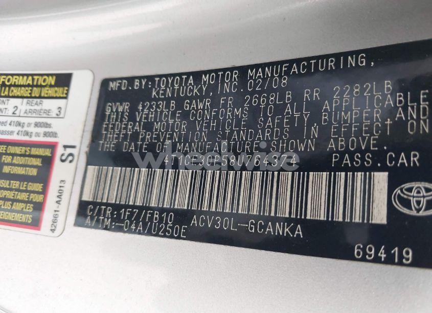 Photo 9 of 2008 Toyota Camry SOLARA SE (VIN 4T1CE30P58U764374)