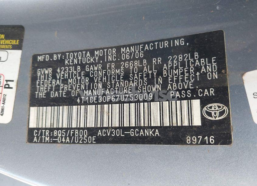 Photo 9 of 2007 Toyota Camry SOLARA SE (VIN 4T1CE30P67U753009)