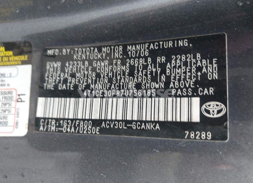 Photo 9 of 2007 Toyota Camry SOLARA SE (VIN 4T1CE30P87U756185)