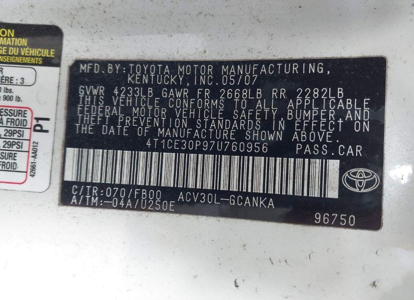 Photo 5 of 2007 Toyota Camry SOLARA SE (VIN 4T1CE30P97U760956)