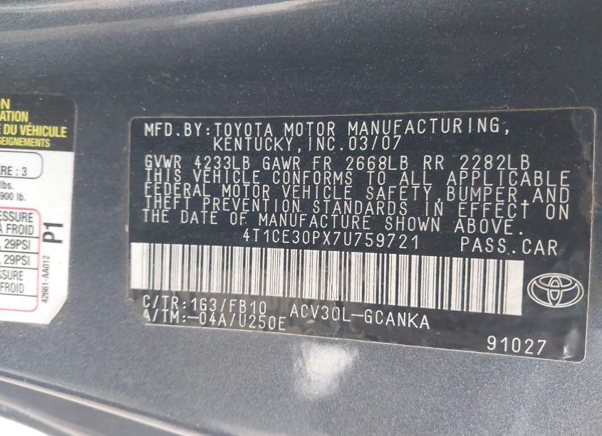 Photo 9 of 2007 Toyota Camry SOLARA SE (VIN 4T1CE30PX7U759721)