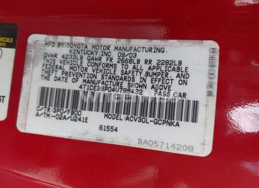 Photo 9 of 2004 Toyota Camry SOLARA SE (VIN 4T1CE38P04U798432)