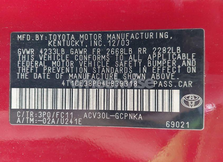 Photo 9 of 2004 Toyota Camry SOLARA SE SPORT (VIN 4T1CE38P04U839318)