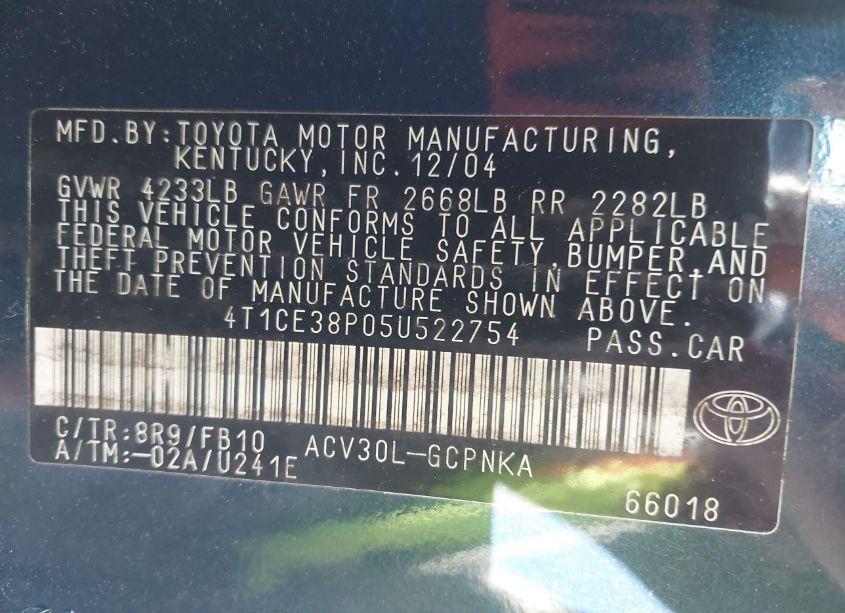 Photo 9 of 2005 Toyota Camry SOLARA SE (VIN 4T1CE38P05U522754)