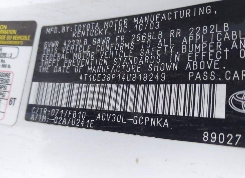 Photo 9 of 2004 Toyota Camry SOLARA SE (VIN 4T1CE38P14U818249)